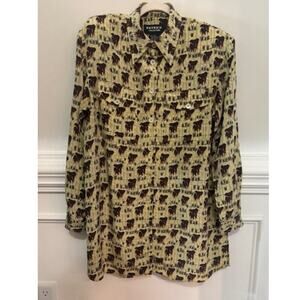 Vintage Patrick Collection 100% Silk Blouse Elephant Safari Button Down Rare